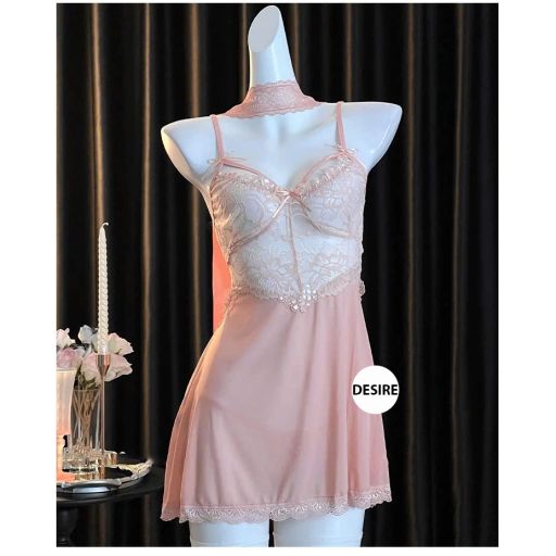 Váy ngủ ren xuyên thấu cut out lưng sexy kèm quần chip ren VN-8449 Váy hồng + chip L (54-65kg) - Available variant