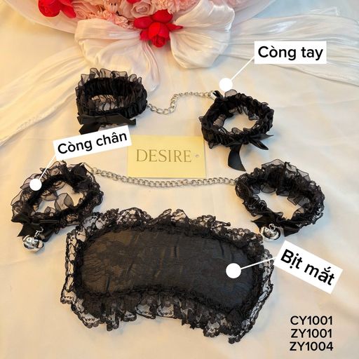 Combo Set Phụ Kiện Cosplay Bịt Mắt, Còng Tay Và Còng Chân Ren Đen Gợi Cảm DESIRE ComBo Phụ Kiện (Bịt Mắt ZY1004 +  Còng Tay CY1001 + Vòng Chân ZY1001) - Available variant