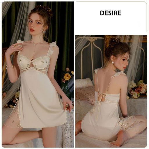 Váy ngủ lụa hai dây cao cấp có mút ngực cột dây lưng VN-3559-2 Vàng mỡ gà L (55-65kg) - Available variant