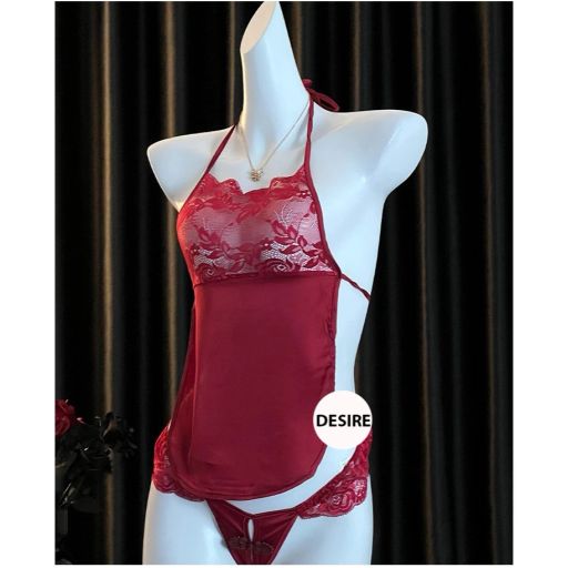 Bộ đồ ngủ yếm lụa ren cột dây quần lọt khe gợi cảm sexy DESIRE VN-8133-1 Đỏ M - Available variant