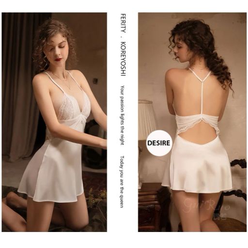 Váy ngủ lụa Đầm ngủ hai dây lụa phối ren dây lưng chữ Y gợi cảm sexy VN-700 Trắng M (40-52) - Available variant