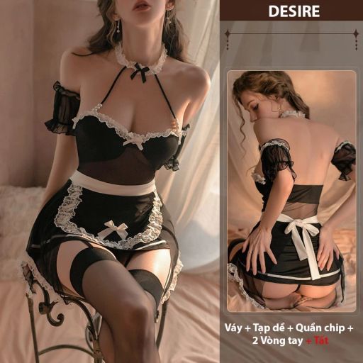 Bộ đồ ngủ cosplay hầu gái chất thun mềm loại 1 VN-8811 Set + Tất T-009 - Available variant