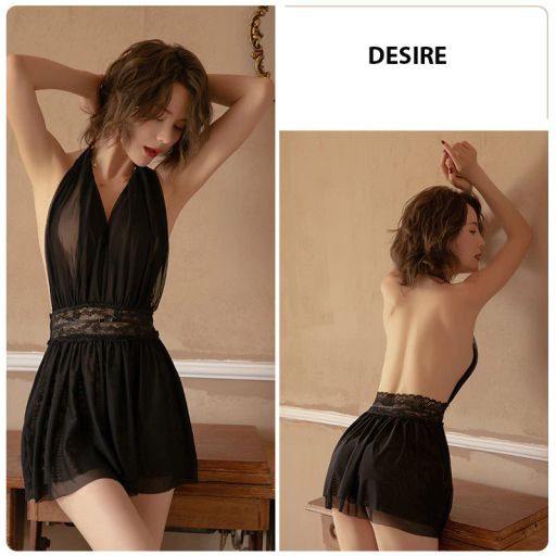 Váy ngủ ren yếm khoét sâu lưng kèm quần lót lọt khe gợi cảm VN-8158 Đen Freesize 40-60kg - Available variant