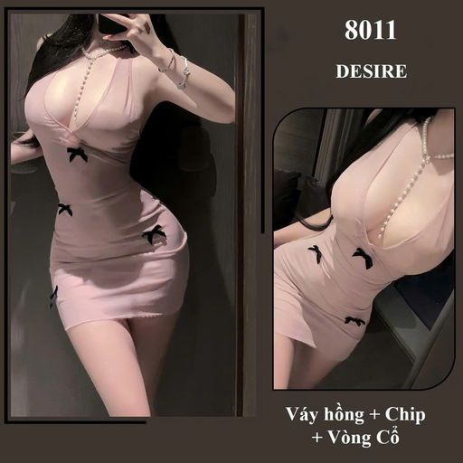 Váy ngủ cổ yếm phối ren - Đầm body sexy gợi cảm DESIRE 8011 Hồng - Available variant