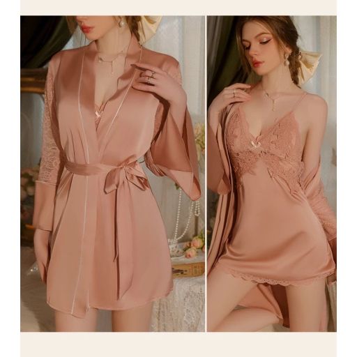 Set Váy ngủ lụa hai dây áo choàng phối ren gợi cảm sexy chính hãng Guiruo QC cao cấp DESIRE VN-1170 Váy+choàng hồng XL 54-63kg - Available variant