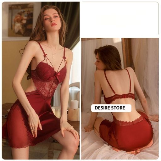 Set váy ngủ lụa và áo choàng có mút ngực cut out lưng gợi cảm DESIRE VN-2044 Váy đỏ M - Available variant
