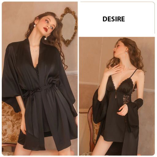 Set Váy ngủ hai dây có mút đệm ngực và áo choàng lụa cao cấp DESIRE VN-1690 Áo choàng + váy đen M - Available variant