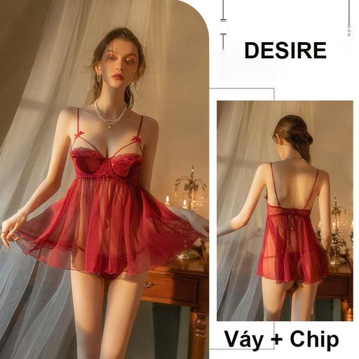 Váy ngủ Đầm ngủ hai dây kèm chip phối ren xuyên thấu gợi cảm sexy DESIRE VN-1755 Đỏ - Available variant