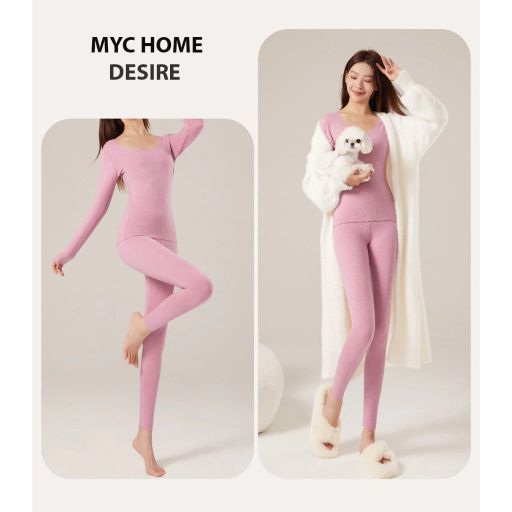 Đồ bộ giữ nhiệt mùa đông siêu nhẹ ấm áp không đường viền MYC HOME chất Nhung lót Len cừu MYC-01 Nguyên bộ hồng MYC M - Available variant