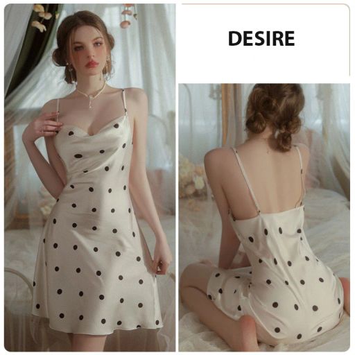 Váy ngủ hai dây lụa cổ đổ chất liệu lụa satin cao cấp chất mát, mềm mịn VN-3282 Trắng chấm bi M - Available variant